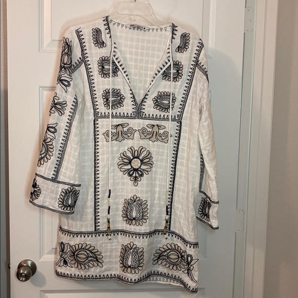 Zara Dresses & Skirts - Zara White & Tan Cotton Short Embroidered Tunic Kaftan Dress SZ M Euro Vacation